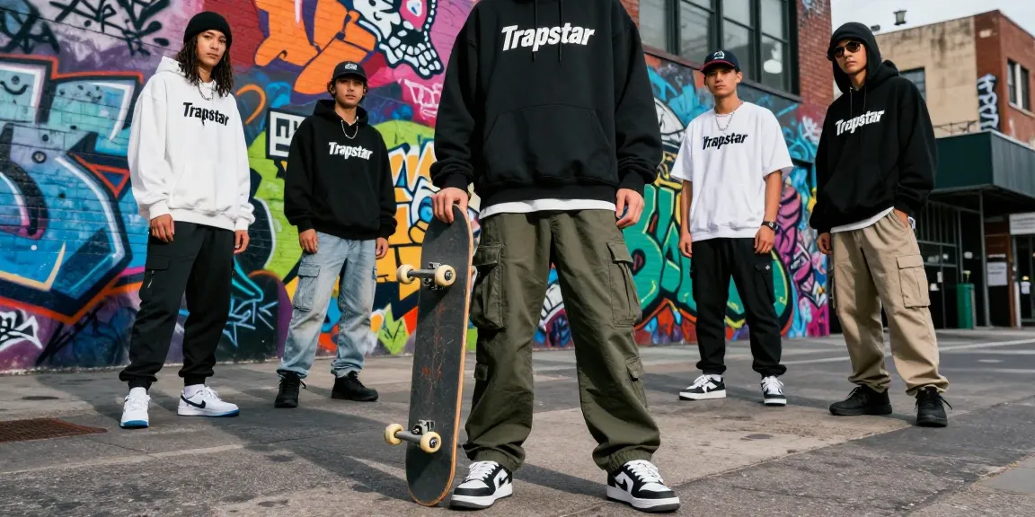 Persona in stile Trapstar streetwear su una strada urbana con graffiti vivaci, che mostra la cultura giovanile e la moda.