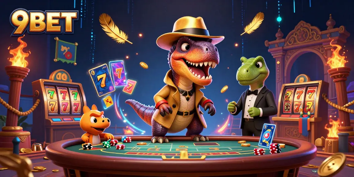 Experience 9BET's thrilling blackjack scene with a velociraptor card counter amidst gold coins and dazzling fireworks.