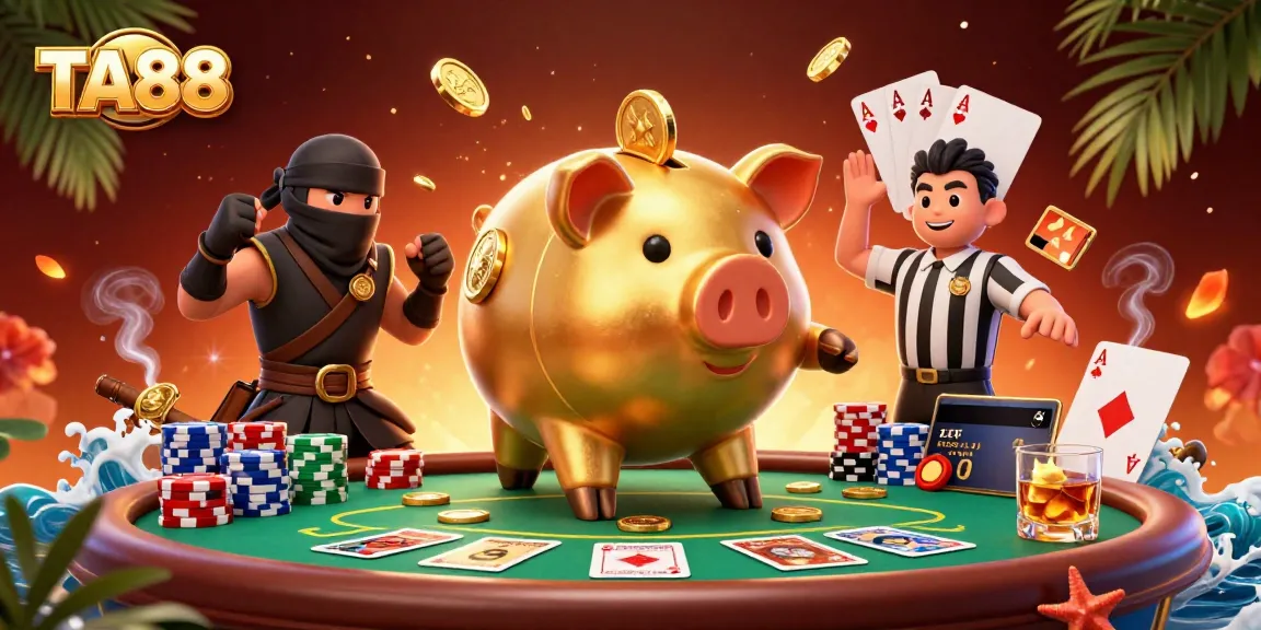 TA88 showcases an enormous golden piggy bank sumo wrestler dominating a poker scene filled with coins.