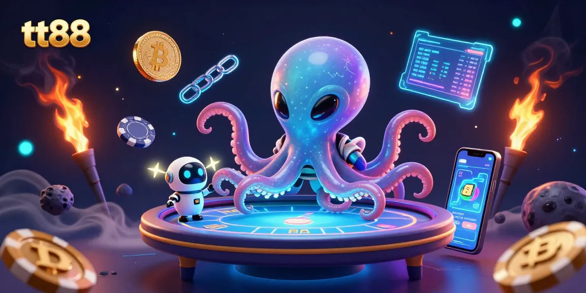 Bet on tt88 with an alien octopus at a holographic poker table, surrounded by crypto elements.
